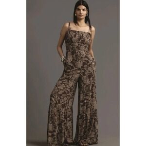 Anthropologie Hutch Jumpsuit Smocked Floral Brown Motif Retro Boho Preppy XS NWT